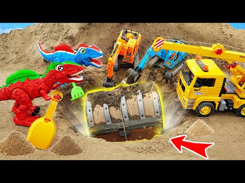 T-Rex Dinosaur，Excavator & Crane dig the ground for finding Hidden Treasure | Fun Dinozone