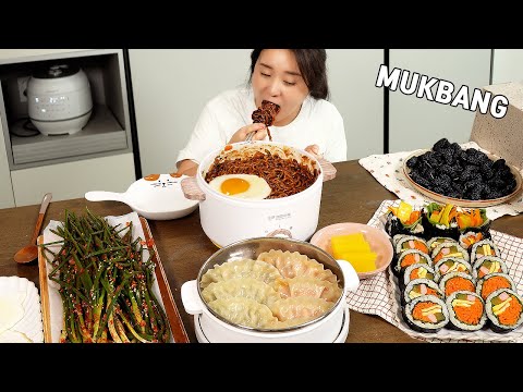 요리 먹방 :) 오랜만에 파김치 담그고 짜파게티!  + 만두 + 당근김밥 먹방｜강아지 자동급수기 후기🐶, 조개구이, 모씨네 칼국수~ 디저트는 생오디.