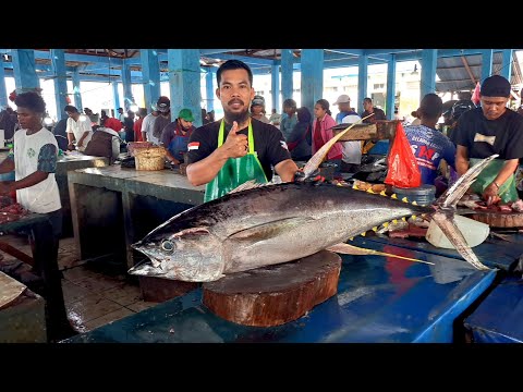 Live 14 Jan 25🔥🔪🔥 yellowfin tuna cutting skills di Pasar Ikan Jembatan Puri Kota Sorong Papua