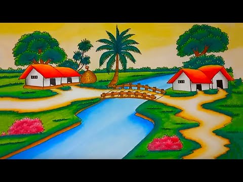 How to Draw a Beautiful Village Scenery | Easy Village Drawing with River & Bridge-Prakritik drishya