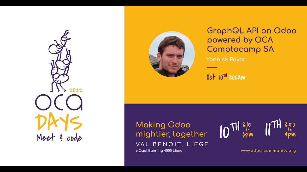 OCA Days 2022 - Yannick Payot: GraphQL API on Odoo powered by OCA | 16.12.2022

GraphQL API on Odoo powered by OCA A showcase of an implementation of a GraphQL API at Camptocamp using OCA module ...