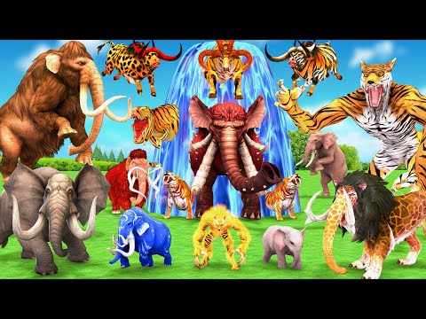 10 Mammoth Elephant Cow vs 10 Giant Tiger Wolf vs Dinosaur Fight Tiger Cub Saved by Woolly Mammoth