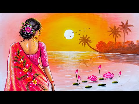 Beautiful indian woman in sunset nature drawing and painting | painting 553