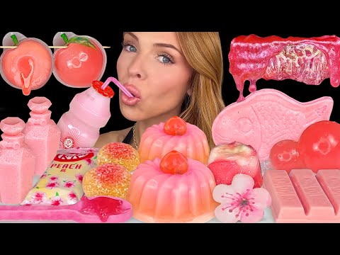 ASMR MUKBANG, Pink Desserts, Strawberry Wafer Cookie, Peach KitKat, Honeycomb, Milk Wax Candy 먹방