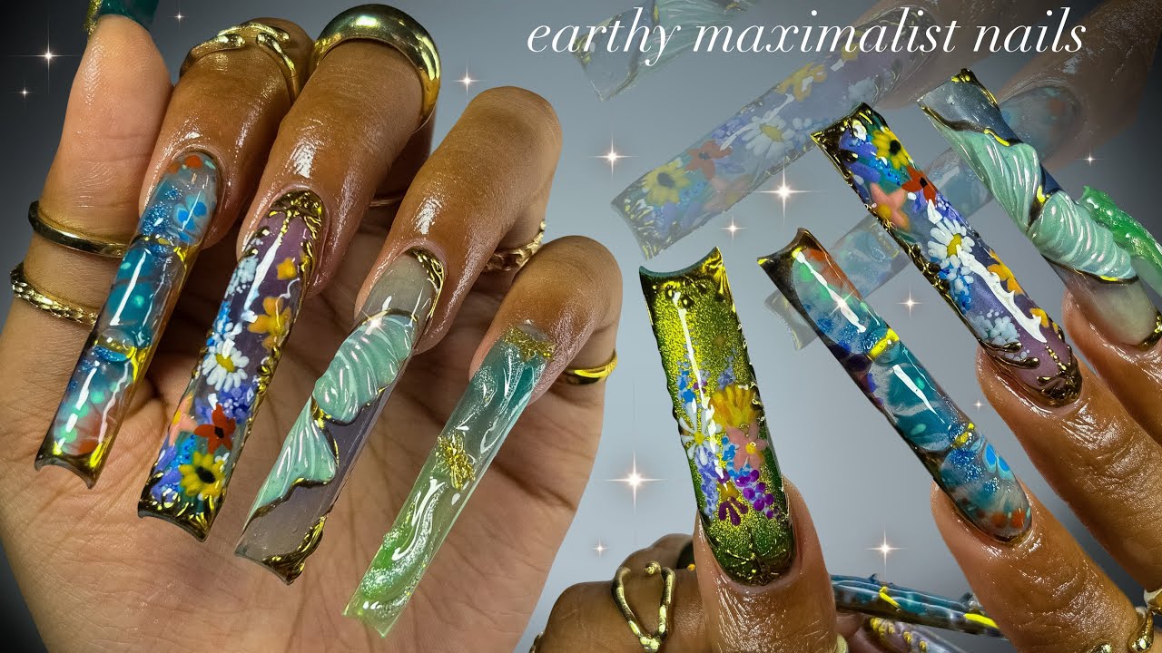 Earthy Maximalist Nails!| long acrylic nails + exquisite nail art