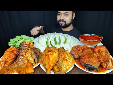 HUGE SPICY BIG FISH CURRY, FISH GRAVY, POMFRET FRY, RICE, SALAD MUKBANG ASMR EATING | BIG BITES |