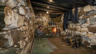 Alone in a Storm | Building a Stone Shelter with Fireplace | Winter Camping Nature ASMR
