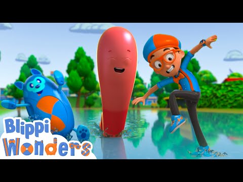 Blippi slides in puddles with Wave the Worm | Blippi Wonders Educational Videos for Kids