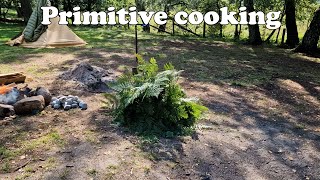 Primitive Cooking, Firepit, Cookingpit. Cooking lichen, dandelion, cattail, burdock, wild parsnip
