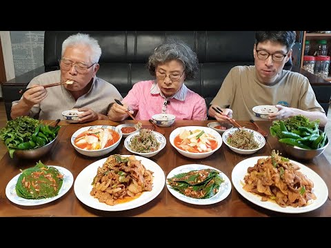 한상가득 푸짐한 시골밥상~! 제육볶음 먹방 (깻잎장아찌, 멸치볶음) spicy stir fried pork mukbang / korean recipes / asmr mukbang