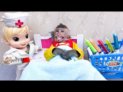 Monkey Baby BoBo play with Barbie Doll to Help Duckling , Puppy, Colorful Dinosaur