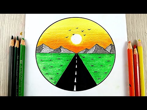 رسم سهل | رسم منظر طبيعي |  | رسم منظر رسم منظر الغروب بالالوان الخشبية | رسم مناظر طبيعية | رسم🎨