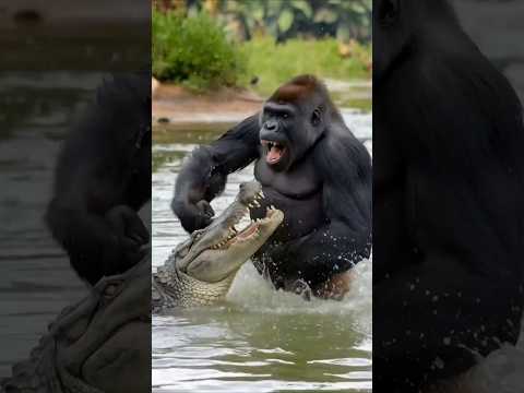 The gorilla is attacking the crocodile. #animals #phyton #crocodille #gorilla #leopard #pyton #lion