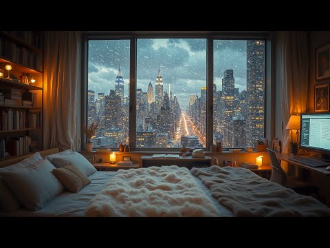 Cozy Bedroom Ambience with Snowy NYC City Scenery ❄ Jazz Music, Snowstorm for Relaxation