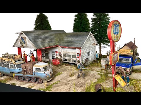 Old America Gas Station on Route 66 scale 1:24 Diorama - Apocalyptic Scene with VW T1 Camper in USA
