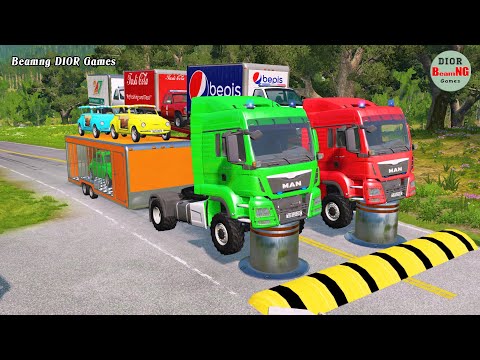 Double Flatbed Trailer Truck vs speed bumps|Busses vs speed bumps|Beamng Drive|1012