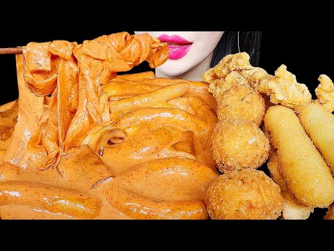 ASMR CHEESY ROSE TTEOKBOKKI, CHEESE BALL 신전 로제떡볶이, 치즈볼, 치킨 EATING SOUNDS MUKBANG