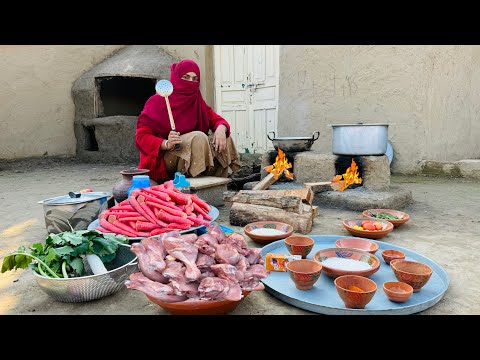 Maa beti ❤️ cooking delicious chicken and carrot dessert recipe 👌 beautiful  village life