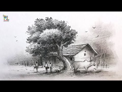 How to draw Tree and Tiled House in Nature Scenery Art