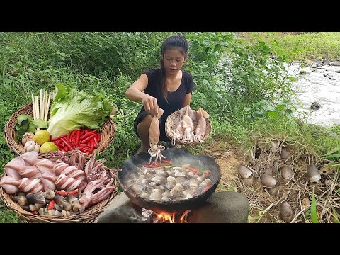 Squid salad with Hot chili sauce So delicious food, Survival cooking