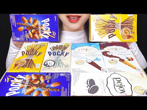ASMR POCKY + PEJOY 🍫 POCKY CRUSHED NUTS ALMOND, PEJOY BELGIAN CHOCOLATE, POCKY COOKIES & CREAM