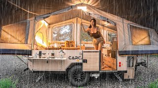 Cozy Camping in Heavy Rain | Tent Trailer Rain ASMR Experience