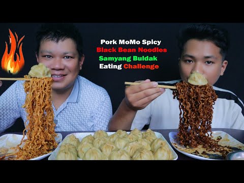 Pork MoMo 🥟 Spicy Black Bean Noodles🔥Samyang Buldak Eating | Big momos Challenge @tham_thapa