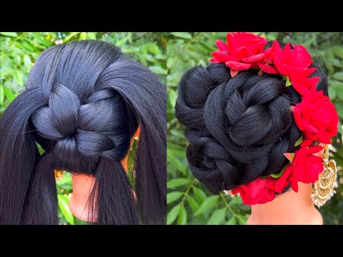 Beautiful Flowers Bun Hairstyle | Red Rose Juda Hairstyle |