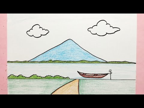 Cara menggambar pemandangan gunung - How to draw scenery