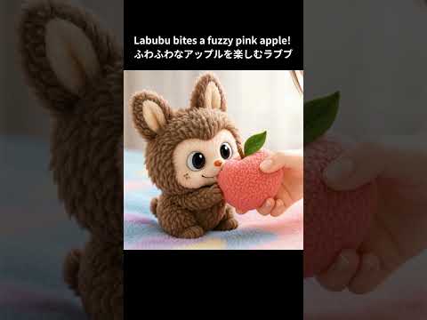 Labubu bites a fuzzy pink apple! 🍎 ふわふわなアップルを楽しむラブブ #Labubu #Sanrio #Shorts #Cute