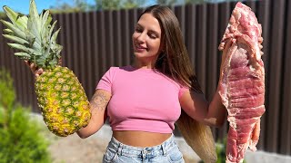 Cooking Sweet & Smoky BBQ Pork Ribs With Pineapple | Relaxing Village Life ASMR
