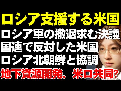 ロシア軍の撤退求む国連総会の決議案。「反対票、ロシア、アメリカ、北朝鮮、ベラルーシなど」ますますロシアを支援するトランプ大統領。他、米仏首脳会談や、地下資源の米ロ共同開発について