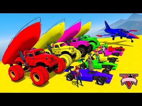 Spiderman & Super Heroes Race In Mega Ramps By Mack Trucks & Sea Bikes Super Cars