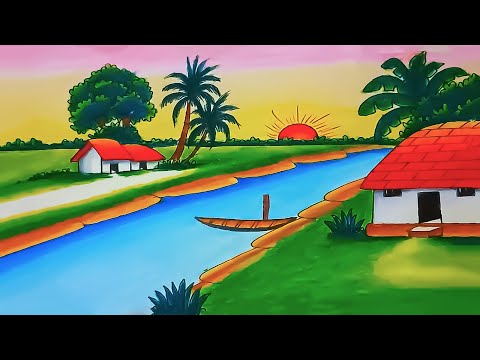 How to Draw a Beautiful Village Scenery with River Boat Sunset & Palm Treese/ indian village drawing