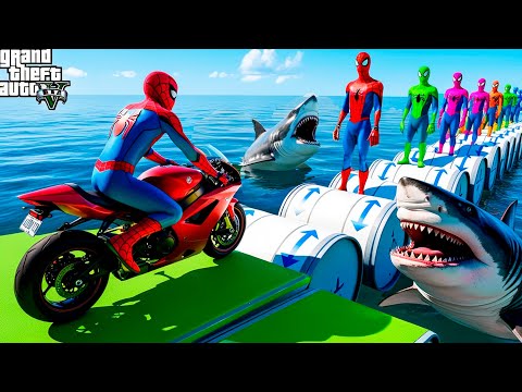 الأبطال الخارقين على القضبان دوامة قمع جسر 🎯🏍️ RAINBOW SPIDER MAN! on Motorcycle in Spiral Brid