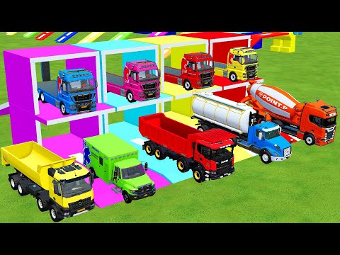 TRANSPORTING EXCAVATOR, VOLVO MIXER TRUCK, BULLDOZER, SCANIA BUS, AMBULANCE WITH MAN TRUCKS - FS22