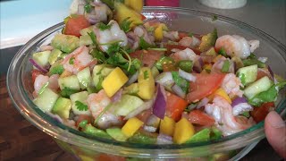 Ceviche (Mango, Clamato, Lime Juice, Jalapeno, Cucumber, Shrimp, Cilantro, Crema)
