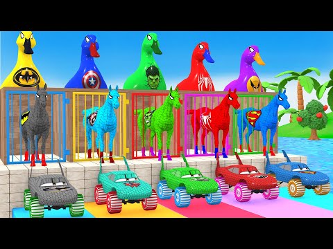 Red Horse Spiderman PAINT ANIMALS FOUNTAIN On RAINBOW SPIDERS BRIDGE Against SHARKS Challenge Game