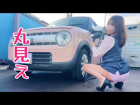 【洗車女子】ミニスカ制服で軽自動車手洗いしたらぱ♡チラ放送事故w