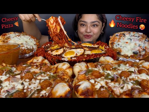 EXTREMELY CHEESY SPICY FIRE NOODLES WITH CHILLI OIL EGGS AND CHEESY MOMO PIZZA WITH CHICKEN PIZZA