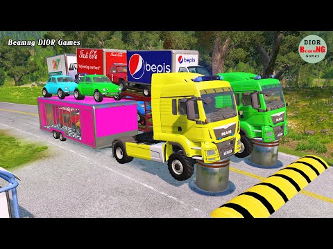 Double Flatbed Trailer Truck vs speed bumps|Busses vs speed bumps|Beamng Drive|948