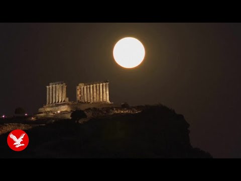 YouTube video thumbnail: Buck Moon Shines Over Greece's Ancient Temple of Poseidon