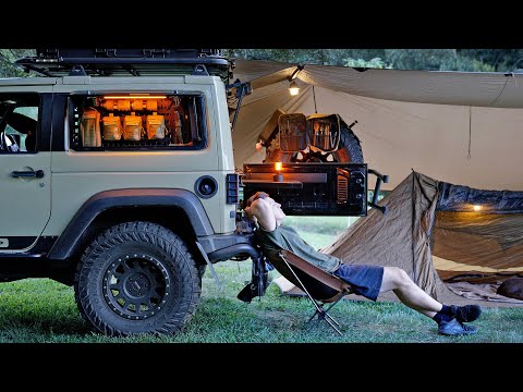 SOLO Car Camping in a GADGET Jeep [ Nearby Creek, Relaxing in the Rain Forest mountains, ASMR ]