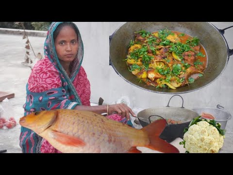 ফুলকপি দিয়ে আমেরিকান রুইমাছের লাল ঝোল  রান্না করলাম সাথে খাওয়া দাওয়া || fish curry @popikitchen