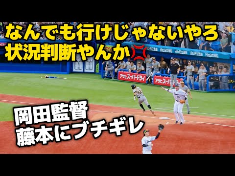 【ぶっ壊れ信号機】完全アウトのタイミングも腕をグルグル回してホームへ突っ込ませる藤本コーチ。余裕のアウトで万事休す。ベンチの岡田監督はしばらく動けず 2024.6.30