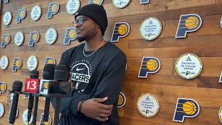 Indiana Pacers forward Jarace Walker holds his end-of-season exit interview after 2025-26