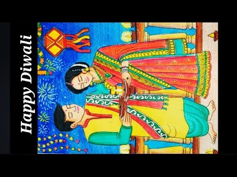 Cute couple celebrating Diwali festival/ How to draw a beautiful drawing for diwali/Diwali festival