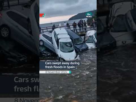 Flooding surged through the Spanish town Cadaqués, sweeping away cars against a bridge #itvnews