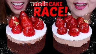 ASMR CAKE RACE! Big Nutella chocolate mousse cake with fresh strawberries * BIG BITES* 먹방