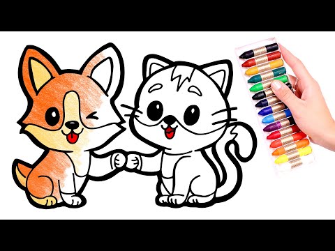 Dibuja y Colorea un PERRO y un GATO kawaii 🐶🌈🐱 Videos para niños